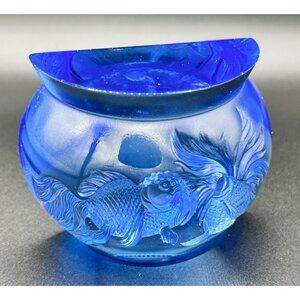 Tittot Art Glass Taiwanese 2004 Blue HIgh Relief Chinese Goldfish Paperweight